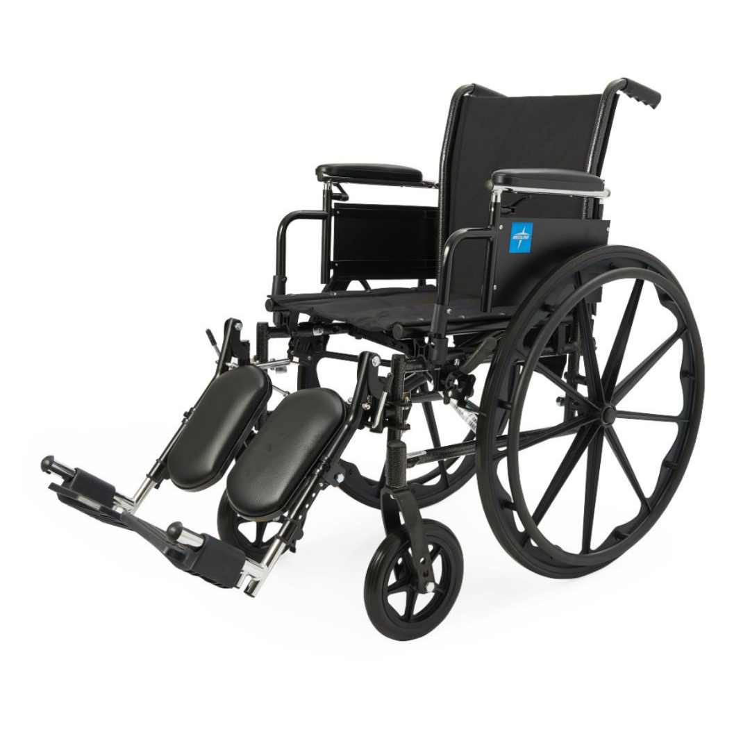 The Medline Lightweight K3 Wheelchair features a black folding frame, elevated leg rests, padded armrests, and durable nylon upholstery—designed for comfortable and easy mobility assistance.
